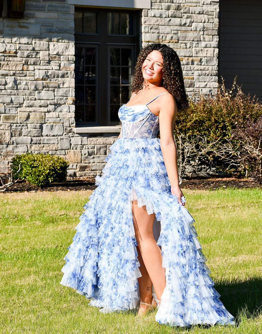 White Blue Flower Corset Ball Gown Ruffled Long Prom Dress with Slit
