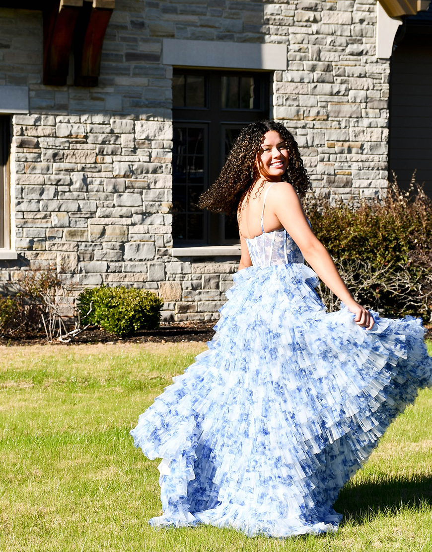 White Blue Flower Corset Ball Gown Ruffled Long Prom Dress with Slit