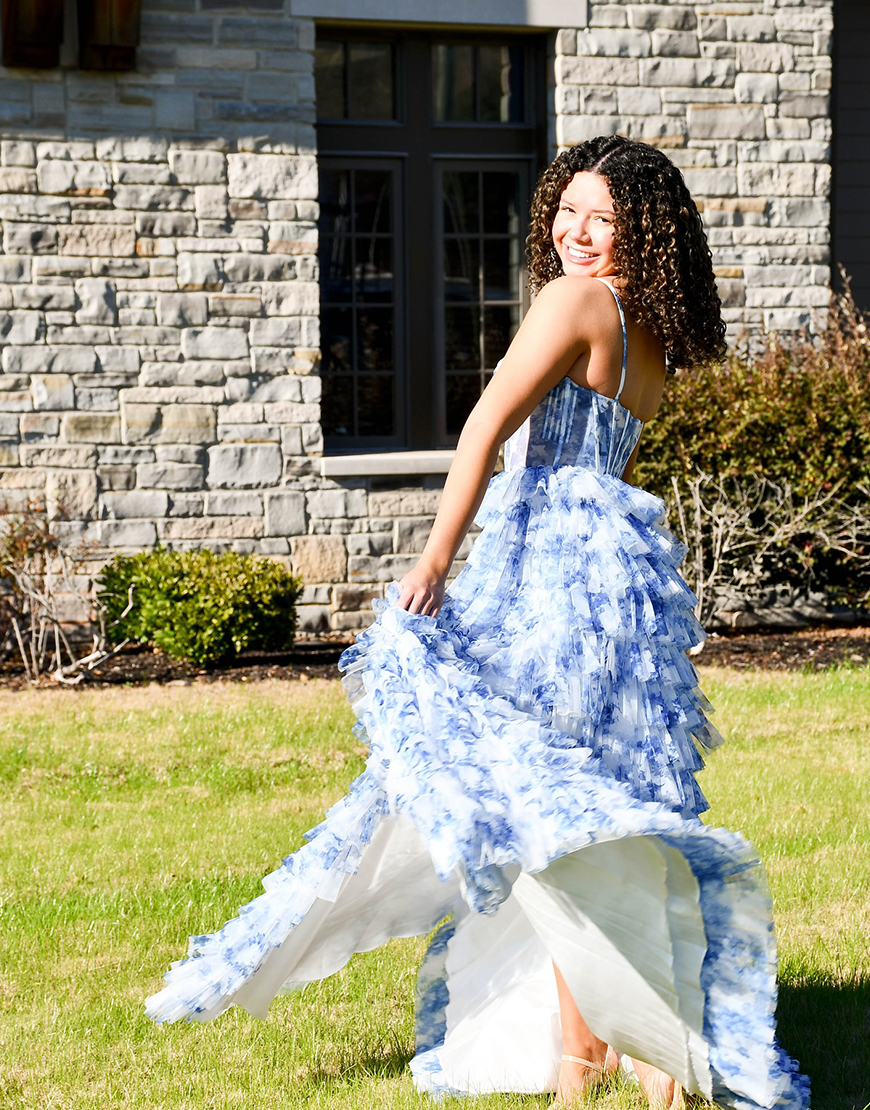White Blue Flower Corset Ball Gown Ruffled Long Prom Dress with Slit