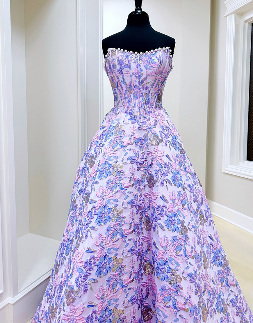 Berlinnova Women Sparkly Lilac Flower Long Corset Prom Dress with Pearls Jacquard Ball Gown Strapless Pageant Dress