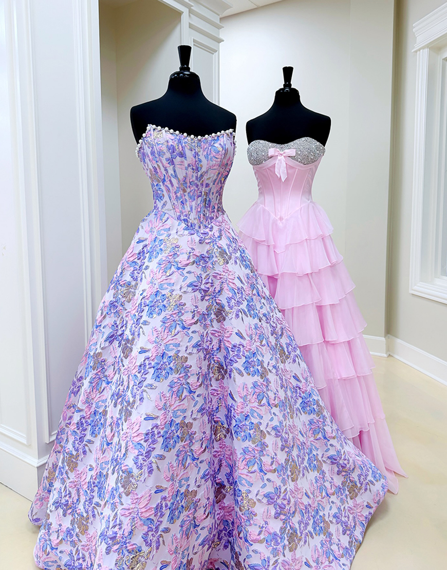 Sparkly Lilac Flower Ball Gown Corset Strapless Long Prom Dress with Pearls