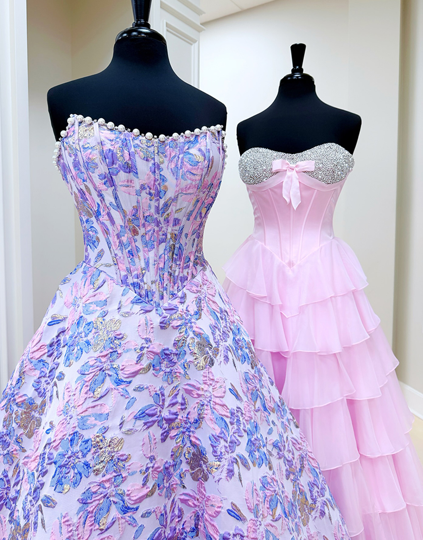 Sparkly Lilac Flower Ball Gown Corset Strapless Long Prom Dress with Pearls