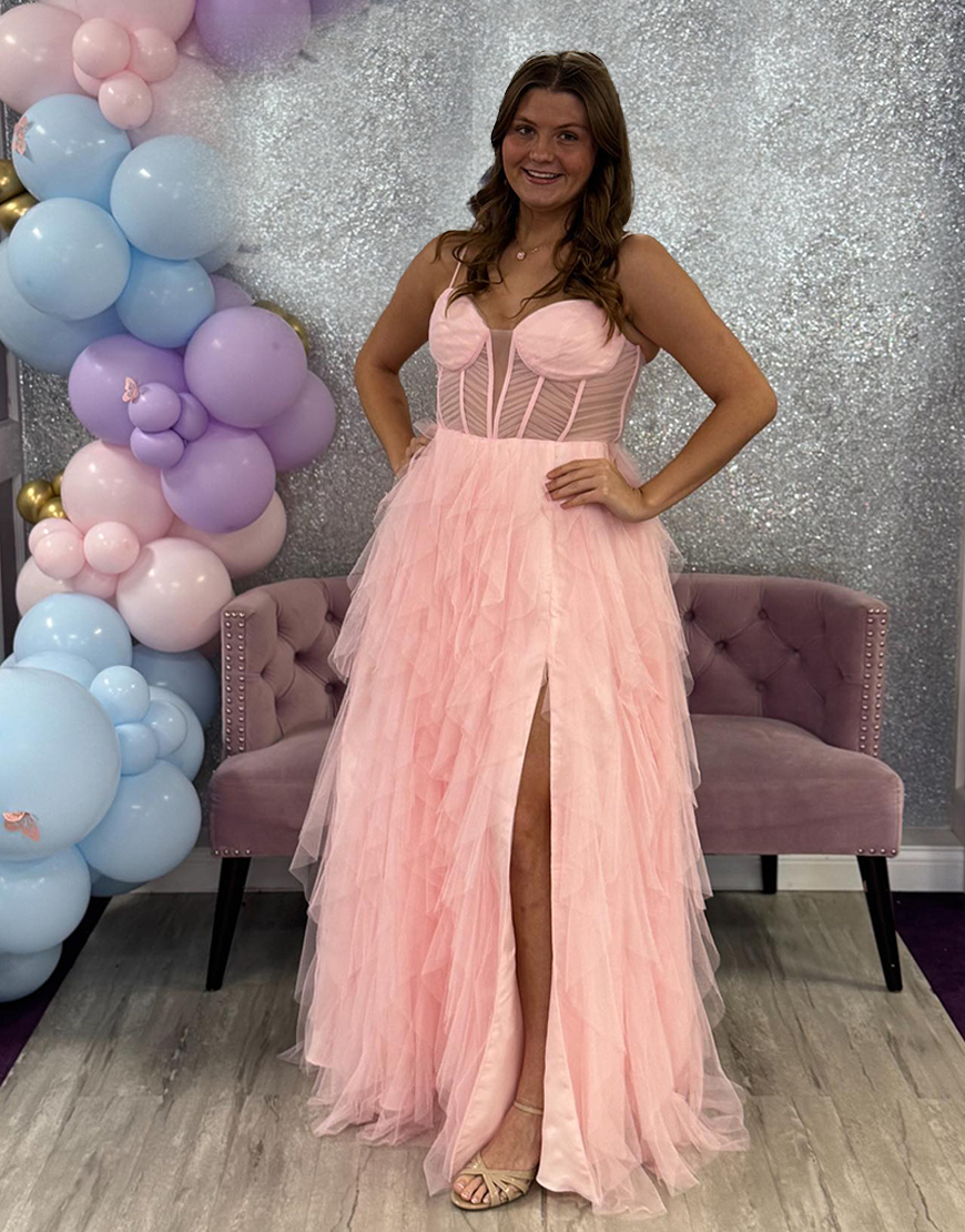 Pink A Line Corset Spaghetti Straps Long Prom Dress with Ruffles