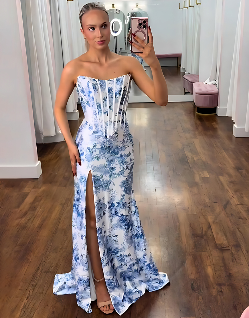White Blue Flower Corset Strapless Long Mermaid Prom Dress with Slit
