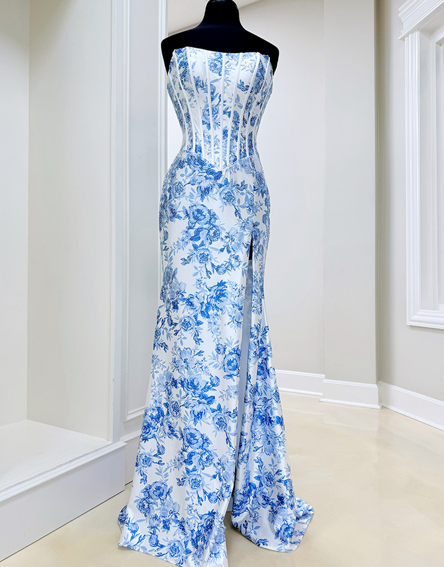 White Blue Flower Corset Strapless Long Mermaid Prom Dress with Slit
