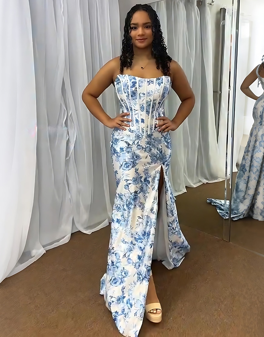 White Blue Flower Corset Strapless Long Mermaid Prom Dress with Slit