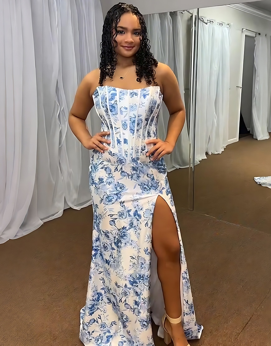 White Blue Flower Corset Strapless Long Mermaid Prom Dress with Slit