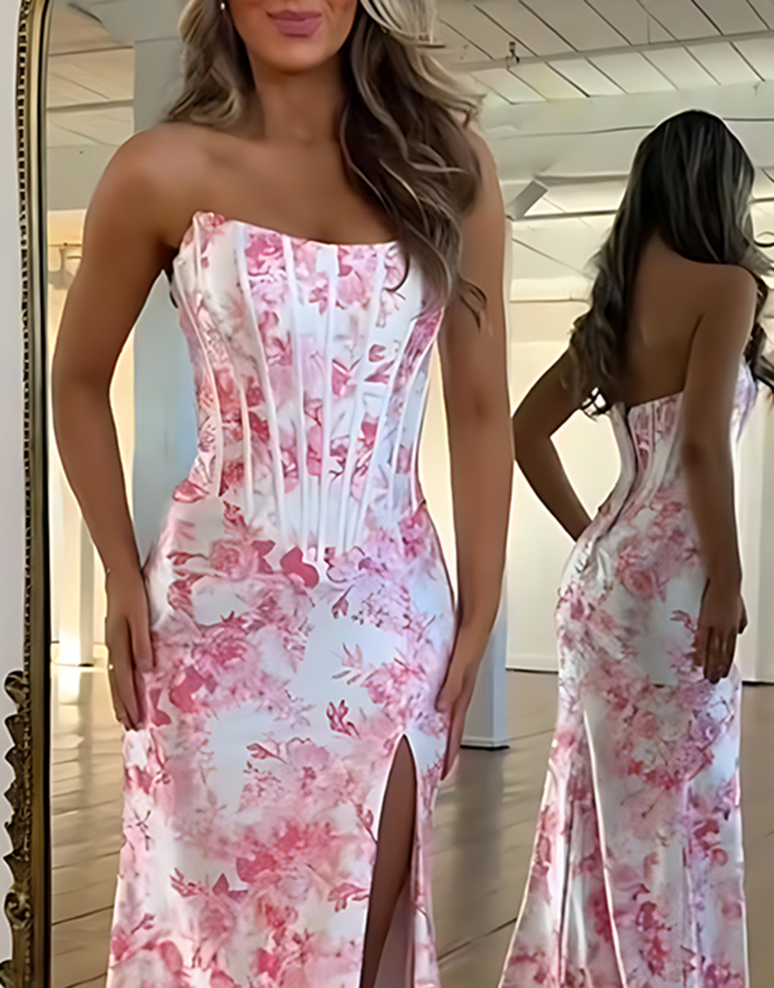White Blue Flower Corset Strapless Long Mermaid Prom Dress with Slit