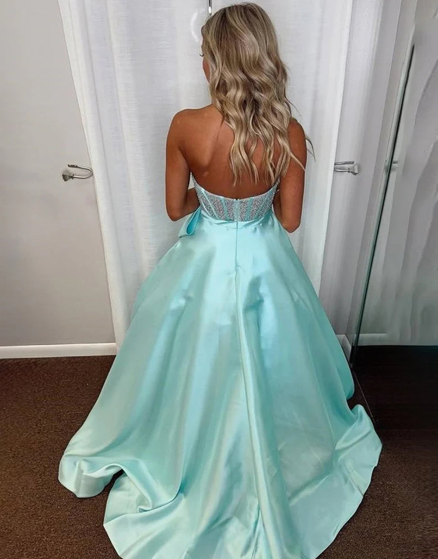 Sparkly PurpleCorset Beaded Long  A Line Prom Dress with Bow