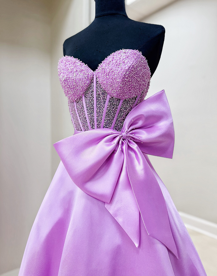 Sparkly PurpleCorset Beaded Long  A Line Prom Dress with Bow