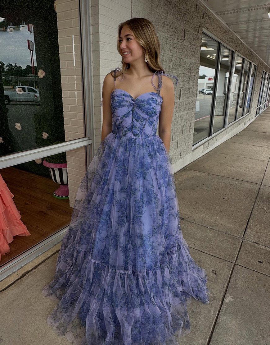 Grey Blue Floral Corset Ruffled A Line Long Prom Dress