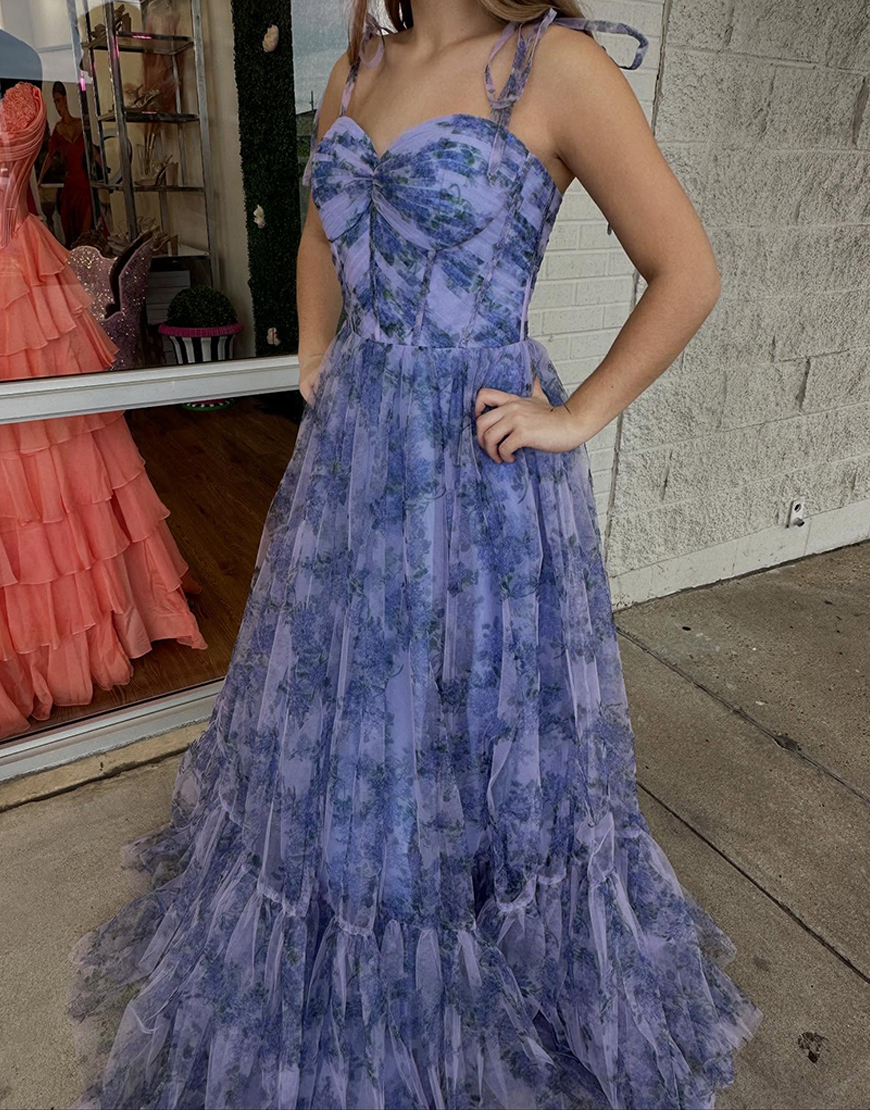 Grey Blue Floral Corset Ruffled A Line Long Prom Dress