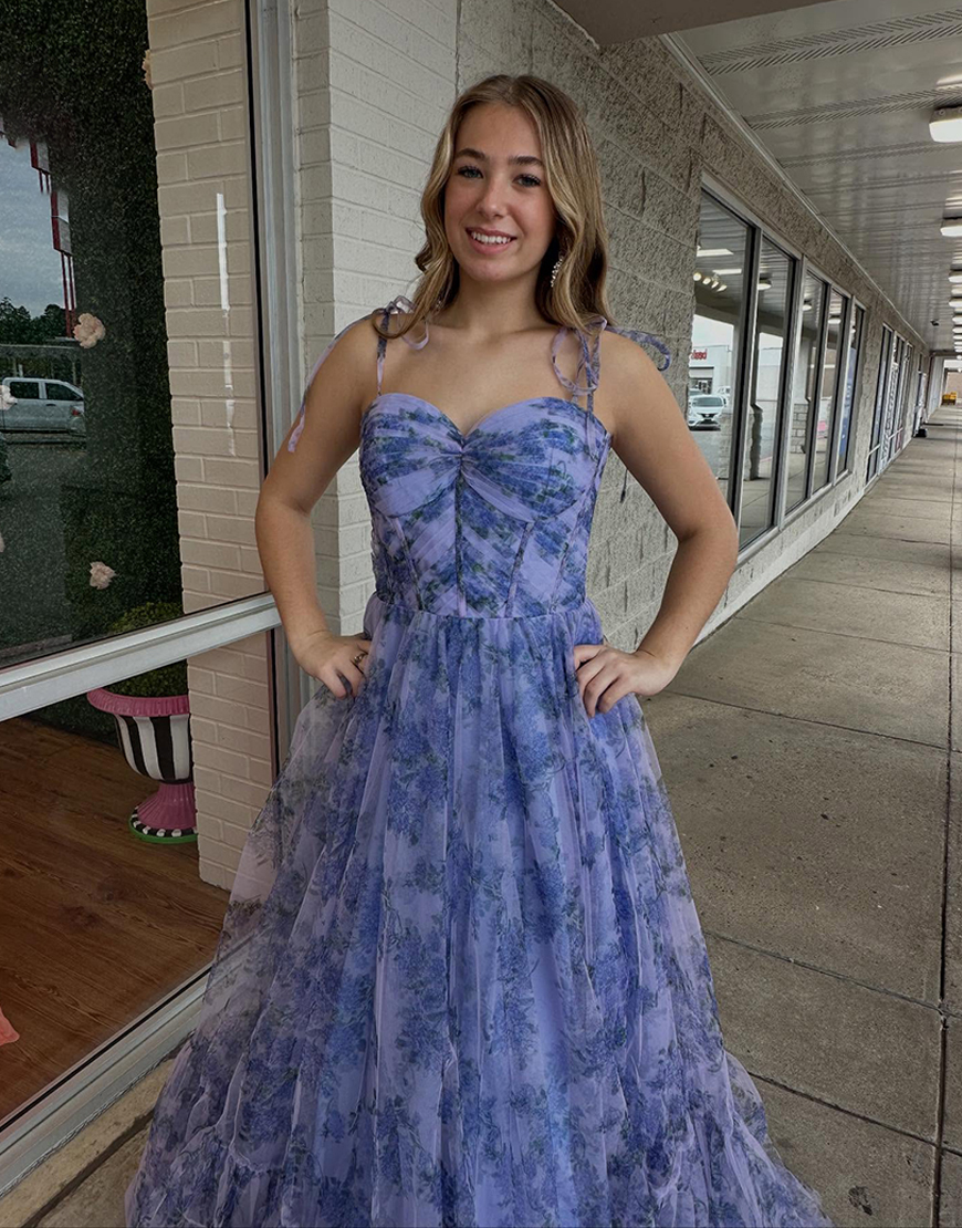 Grey Blue Floral Corset Ruffled A Line Long Prom Dress