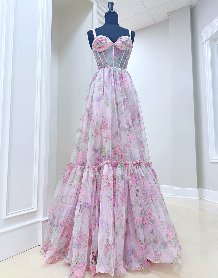 Grey Blue Floral Corset Ruffled A Line Long Prom Dress