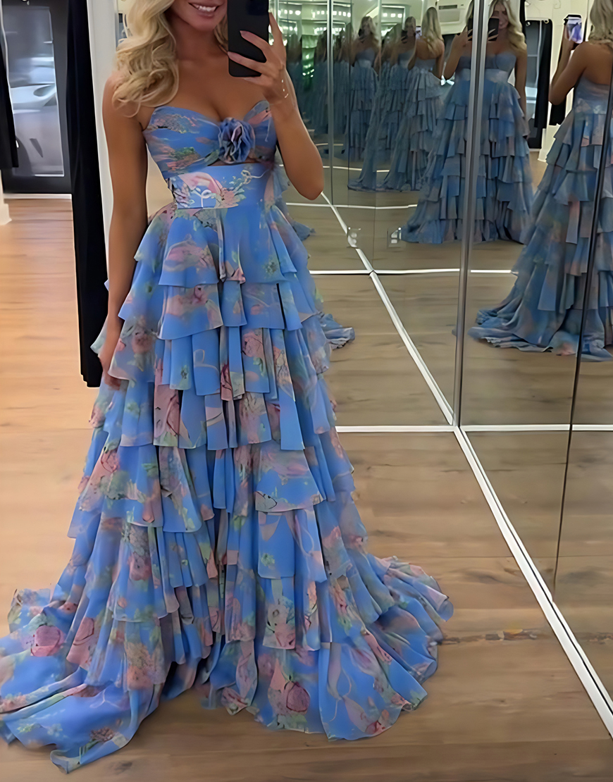Blue Flower Tiered Strapless A-Line Long Prom Dress