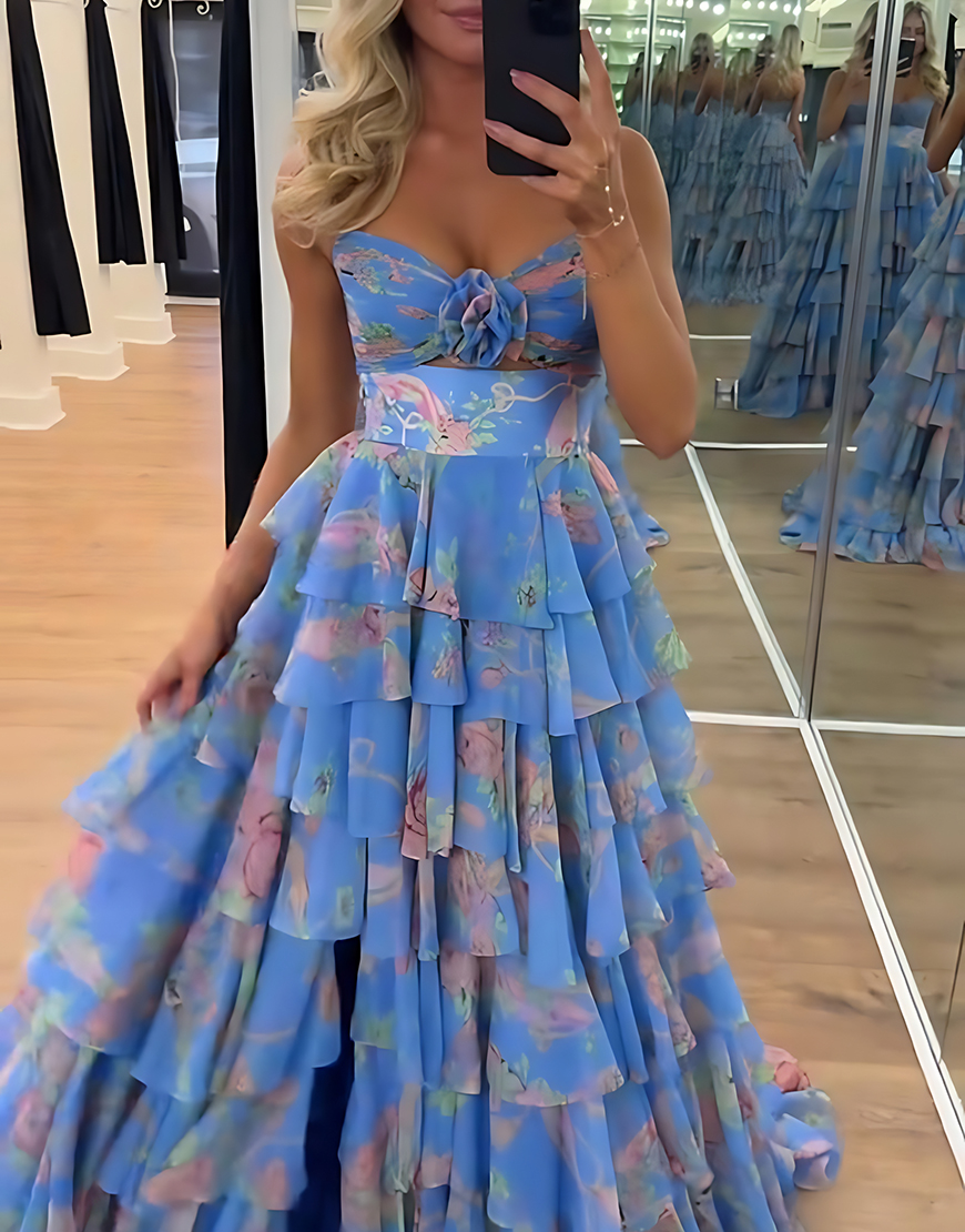 Blue Flower Tiered Strapless A-Line Long Prom Dress