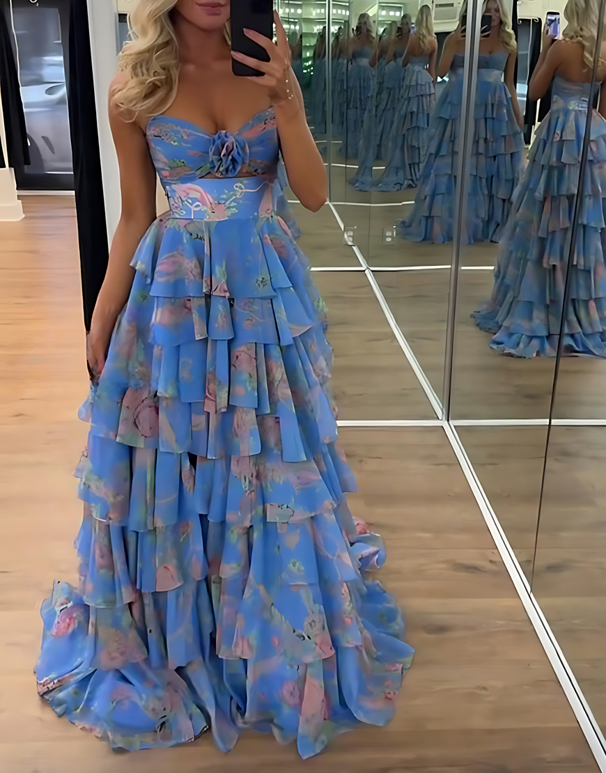 Blue Flower Tiered Strapless A-Line Long Prom Dress