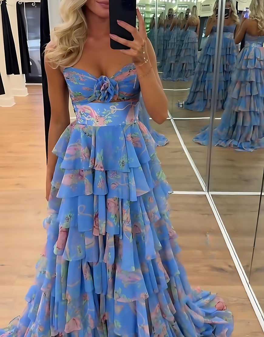 Blue Flower Tiered Strapless A-Line Long Prom Dress