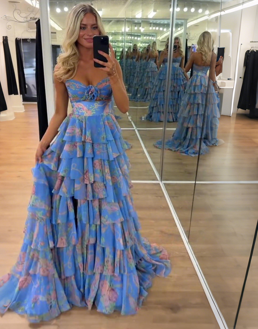 Blue Flower Tiered Strapless A-Line Long Prom Dress