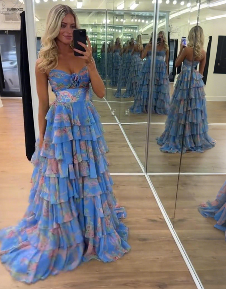 Blue Flower Tiered Strapless A-Line Long Prom Dress