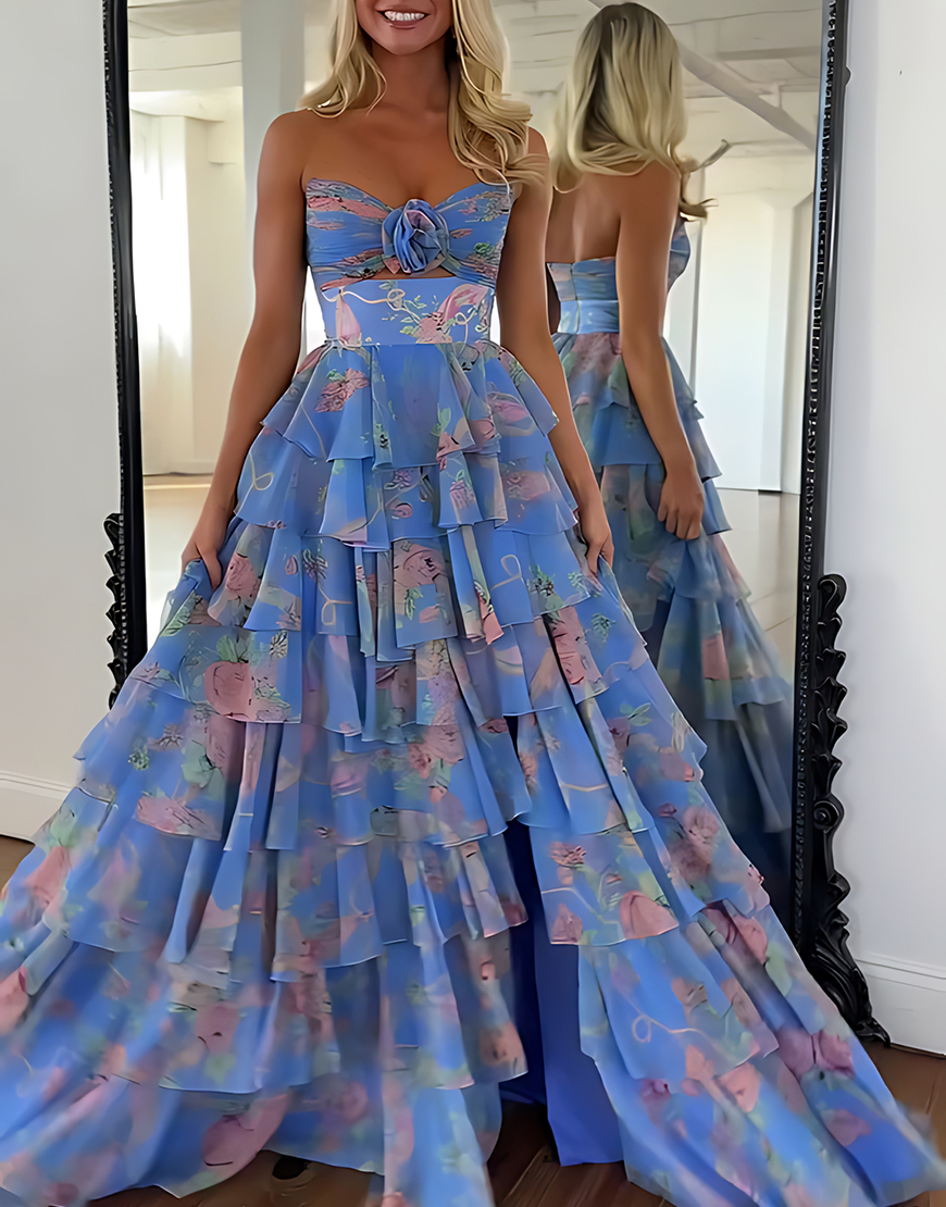 Blue Flower Tiered Strapless A-Line Long Prom Dress