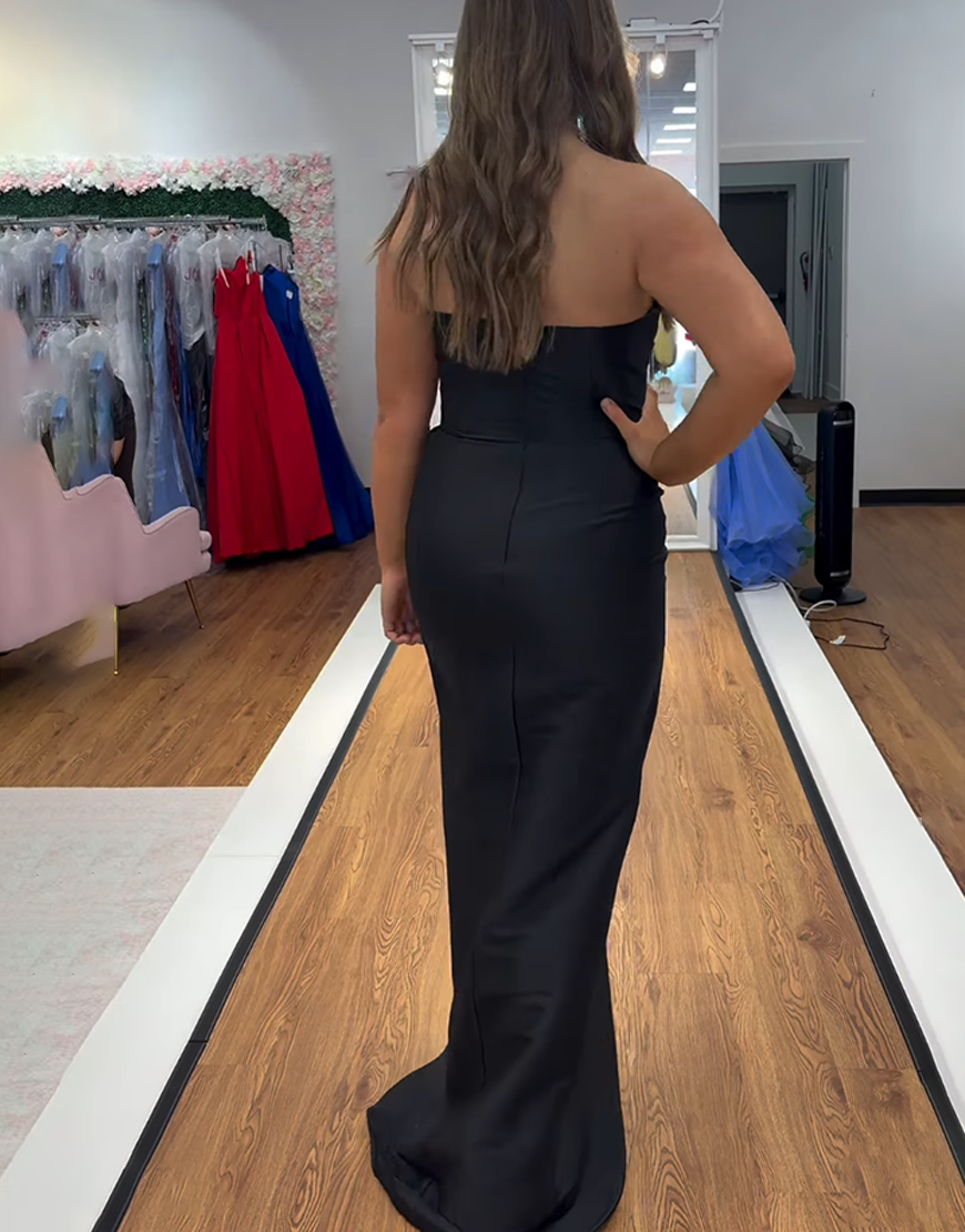 Floral Black Strapless Mermaid Long Prom Dress with Slit