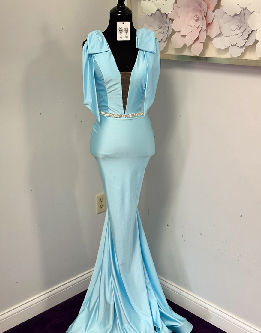 Sparkly Light Blue Mermaid V-Neck Long Prom Dress with Bow