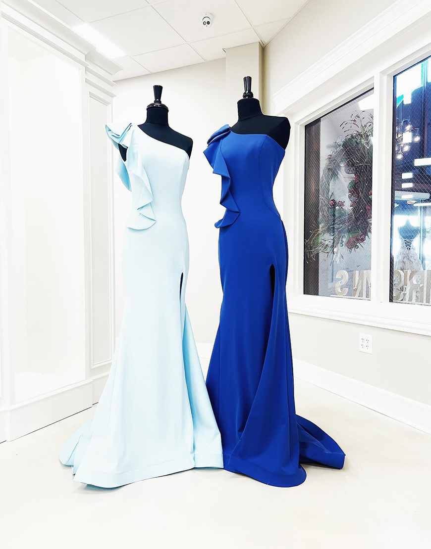 Light Blue Mermaid One Shoulder Ruffled Long Prom Dress with Slit