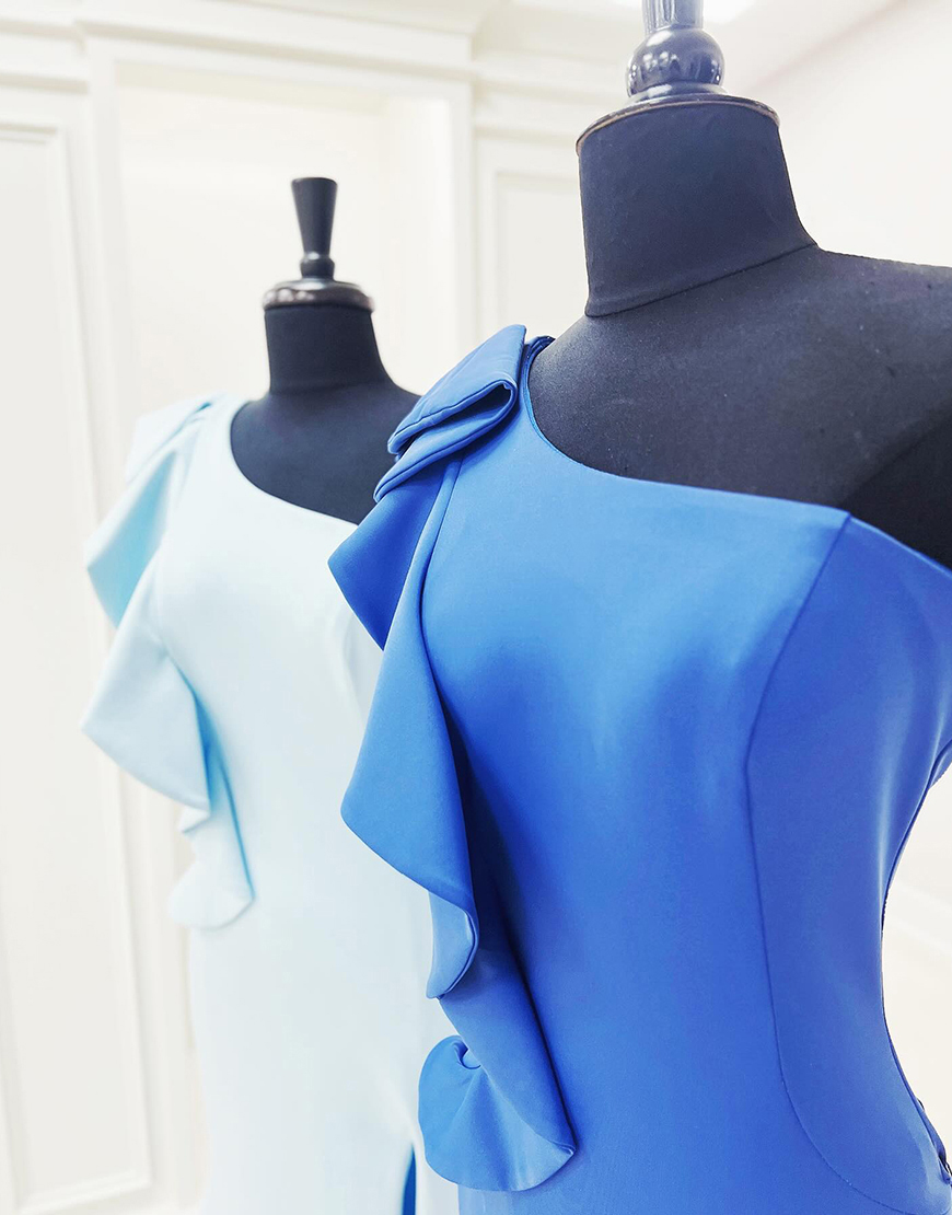 Light Blue Mermaid One Shoulder Ruffled Long Prom Dress with Slit