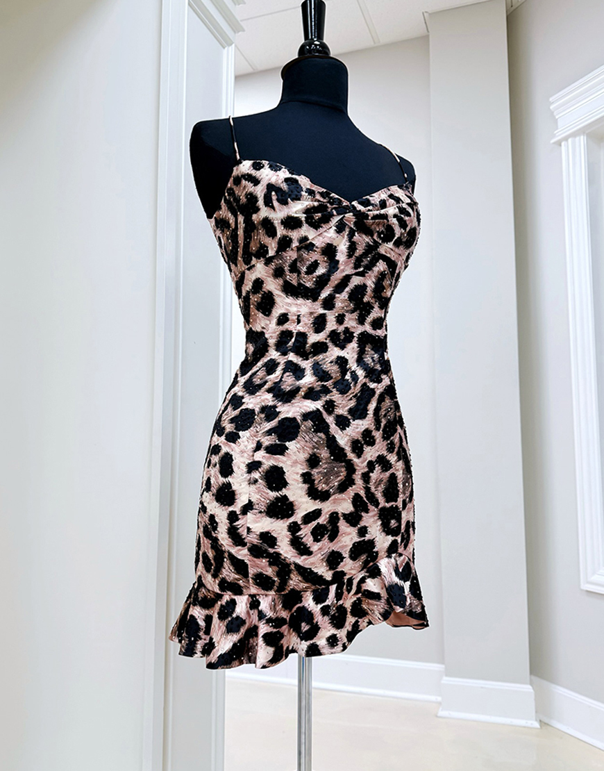 Sparkly Brown Leopard Beaded Ruffled Tight Short Prom Dress
