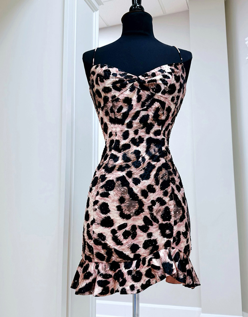 Sparkly Brown Leopard Beaded Ruffled Tight Short Prom Dress
