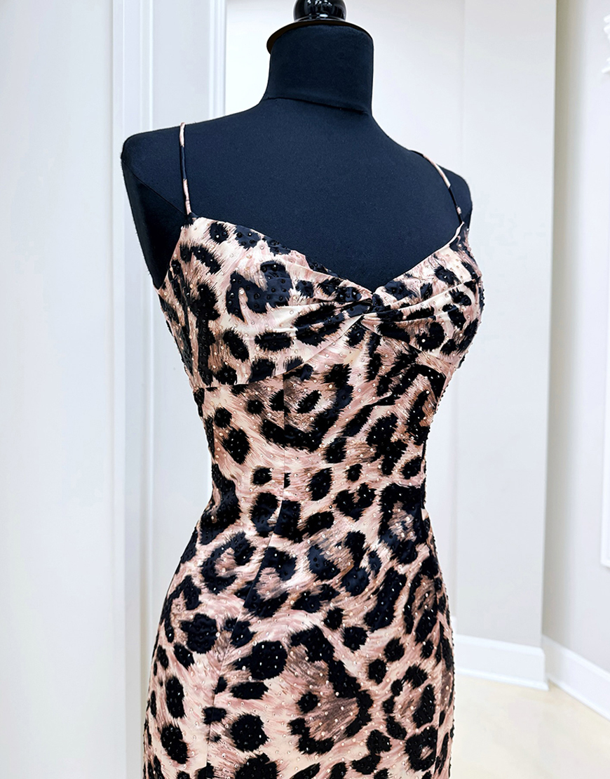 Sparkly Brown Leopard Beaded Ruffled Tight Short Prom Dress