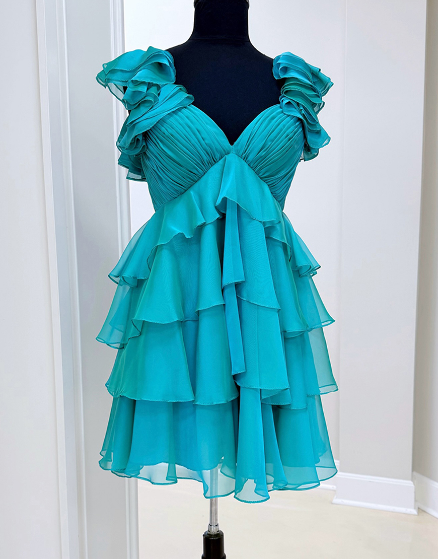 Peacock Green Short V-Neck Tiered Prom Dress with Ruffles