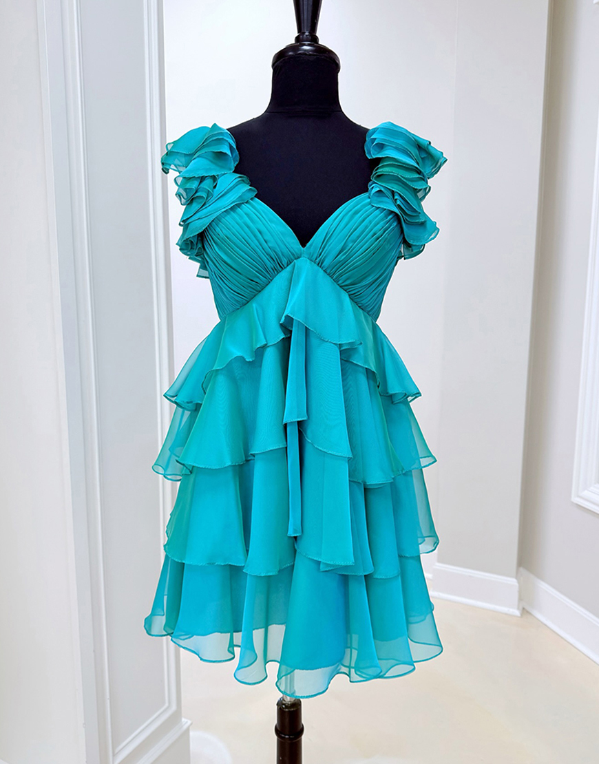 Peacock Green Short V-Neck Tiered Prom Dress with Ruffles