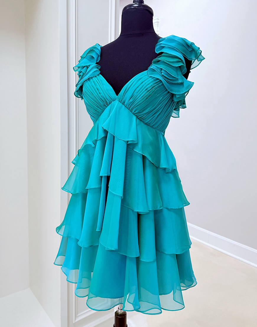 Peacock Green Short V-Neck Tiered Prom Dress with Ruffles