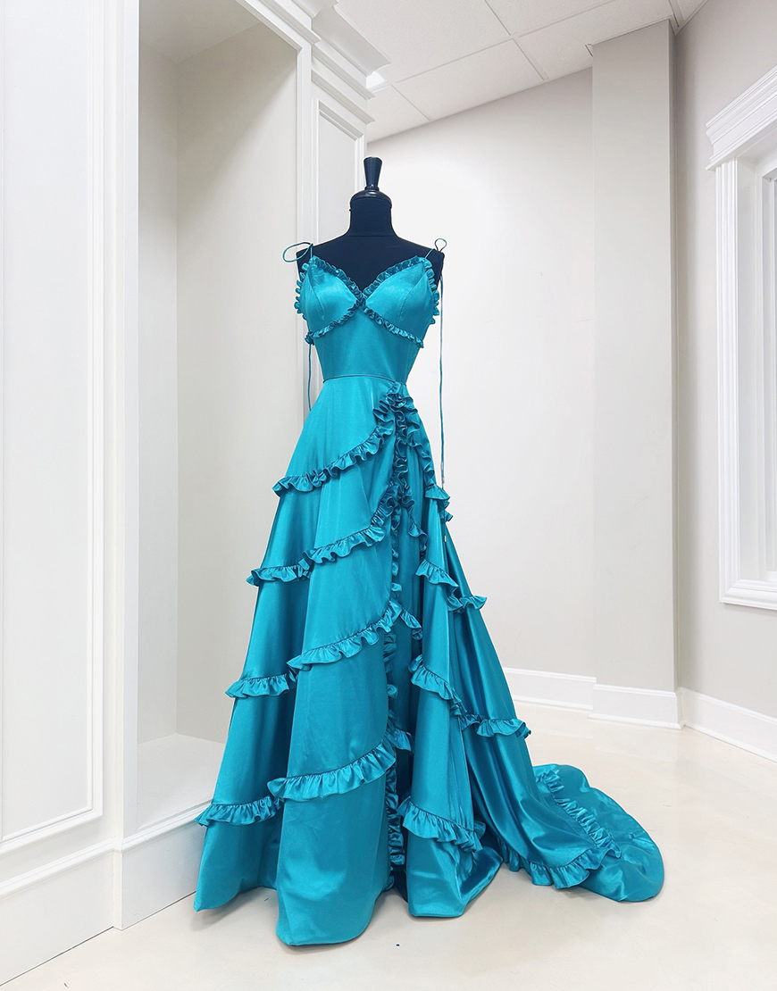 Peacock Blue A Line V-Neck Long Prom Dress with Ruffles