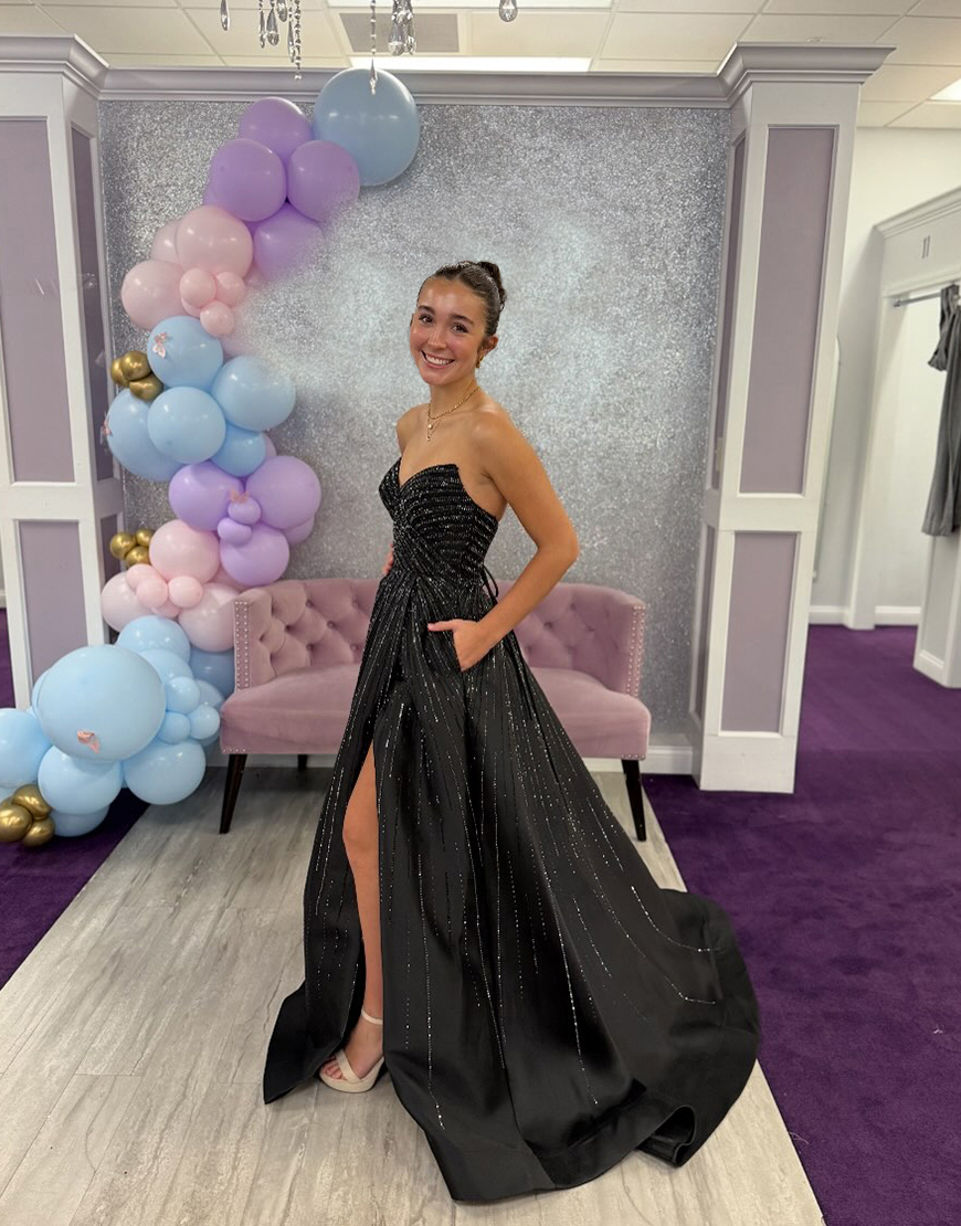 Sparkly Black A Line Sweetheart Beaded Long Prom Dress with Slit