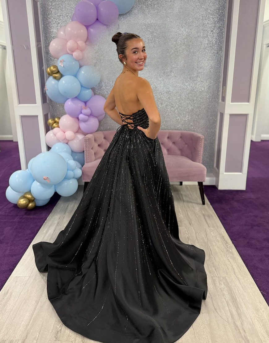 Sparkly Black A Line Sweetheart Beaded Long Prom Dress with Slit