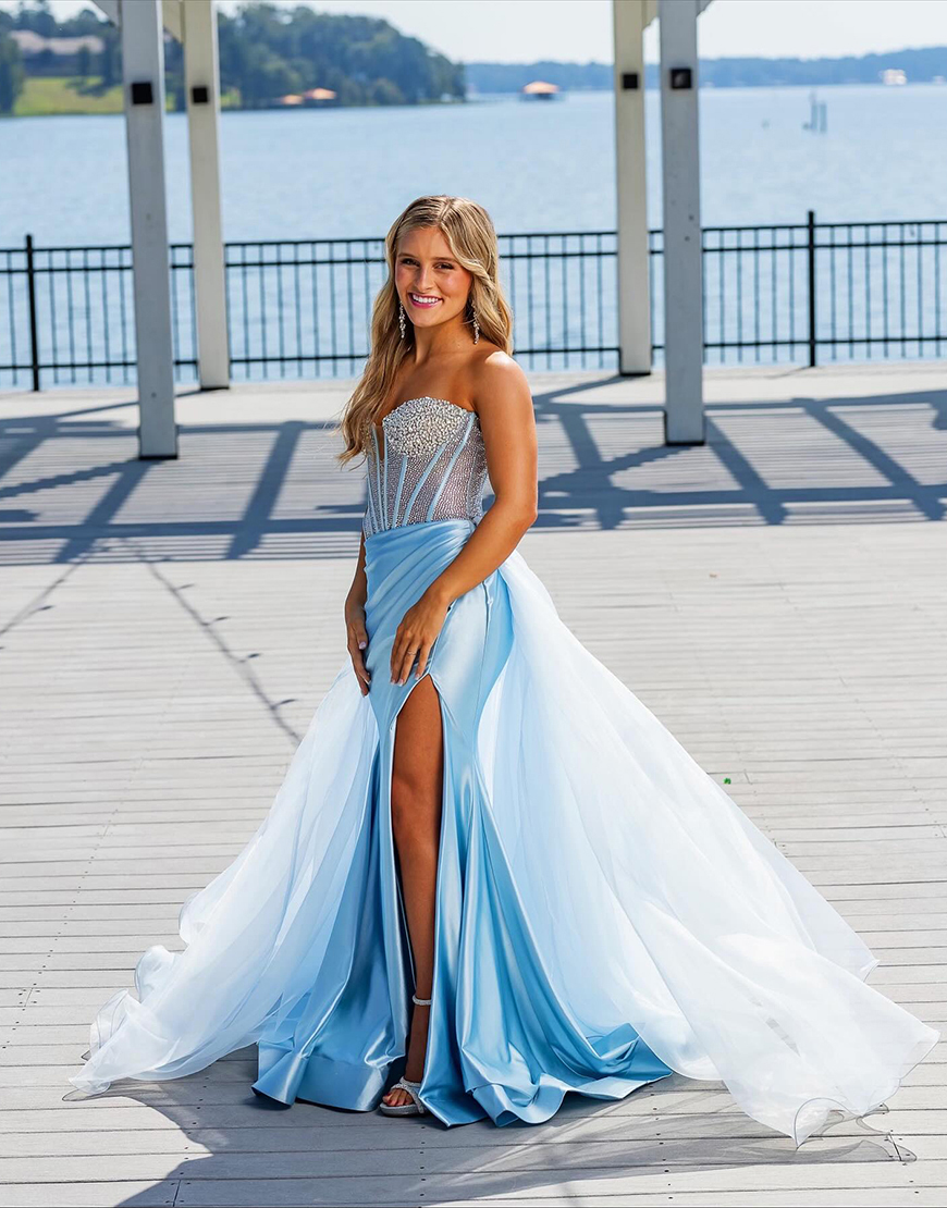 Sparkly Light Blue Corset Beaded Long Mermaid Prom Dress with Cape