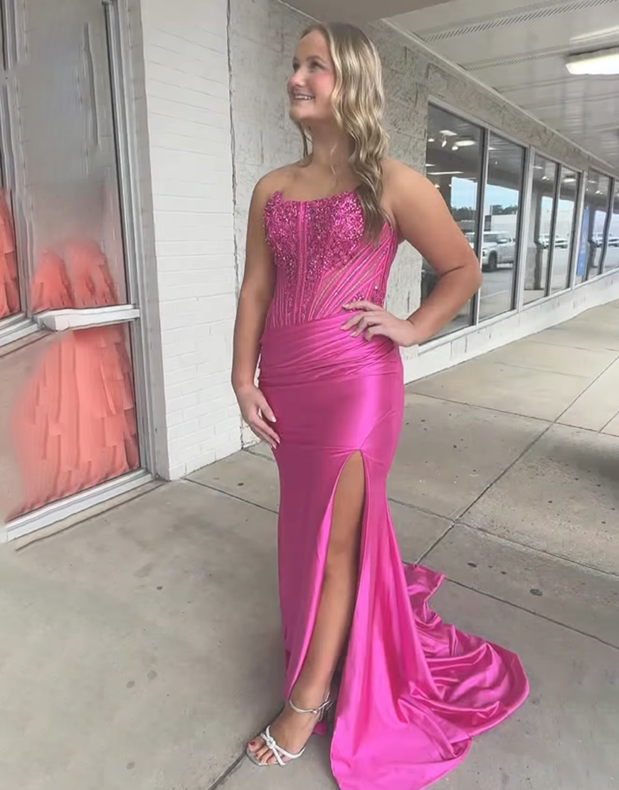 Sparkly Fuchsia Beaded Mermaid Strapless Long Prom Dress with Slit