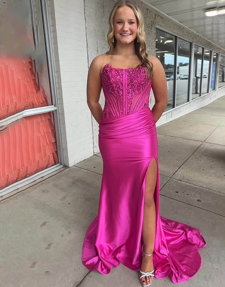 Sparkly Fuchsia Beaded Mermaid Strapless Long Prom Dress with Slit