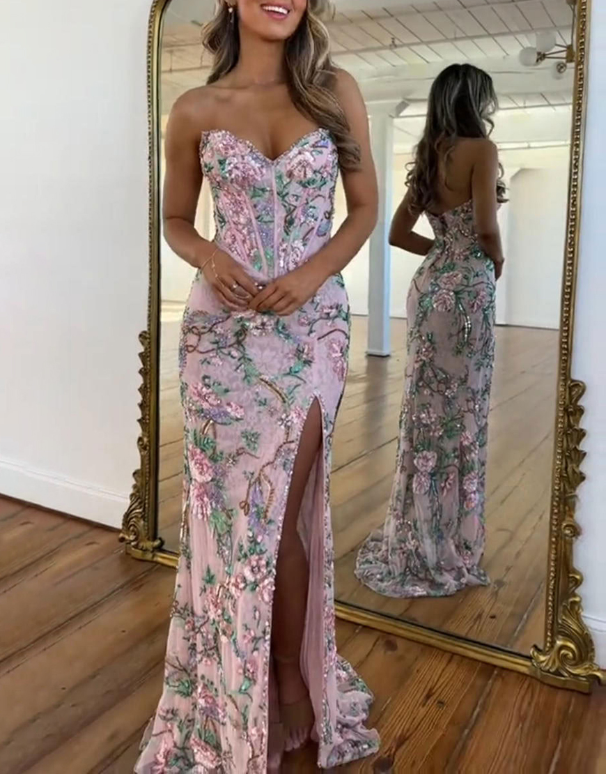 Sparkly Floral Pink Corset Sweetheart Mermaid Long Prom Dress with Slit