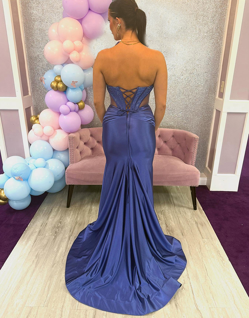 Sparkly Royal Blue Corset Strapless Beaded Long Prom Dress with Slit