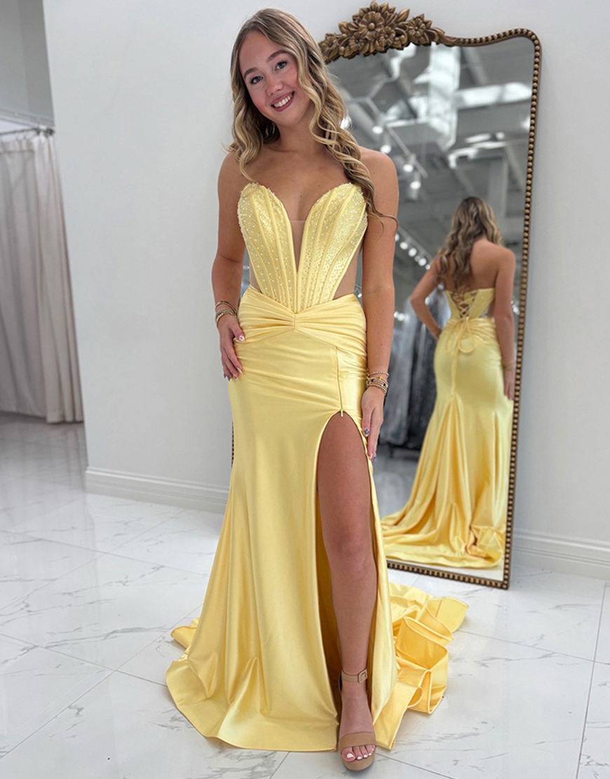 Sparkly Royal Blue Corset Strapless Beaded Long Prom Dress with Slit