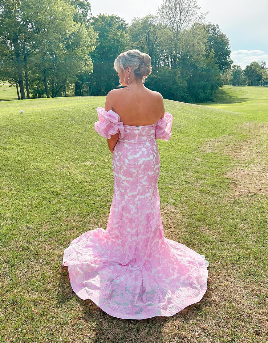 Pink Flower Puff Sleeves Mermaid Long Prom Dress with Slit