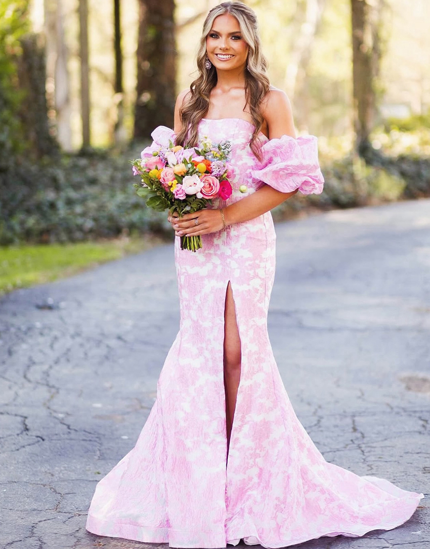 Berlinnova Women Pink Flower Long Prom Dress with Slit Puff Sleeves Mermaid Jacquard Off the Shoulder Gala Dress
