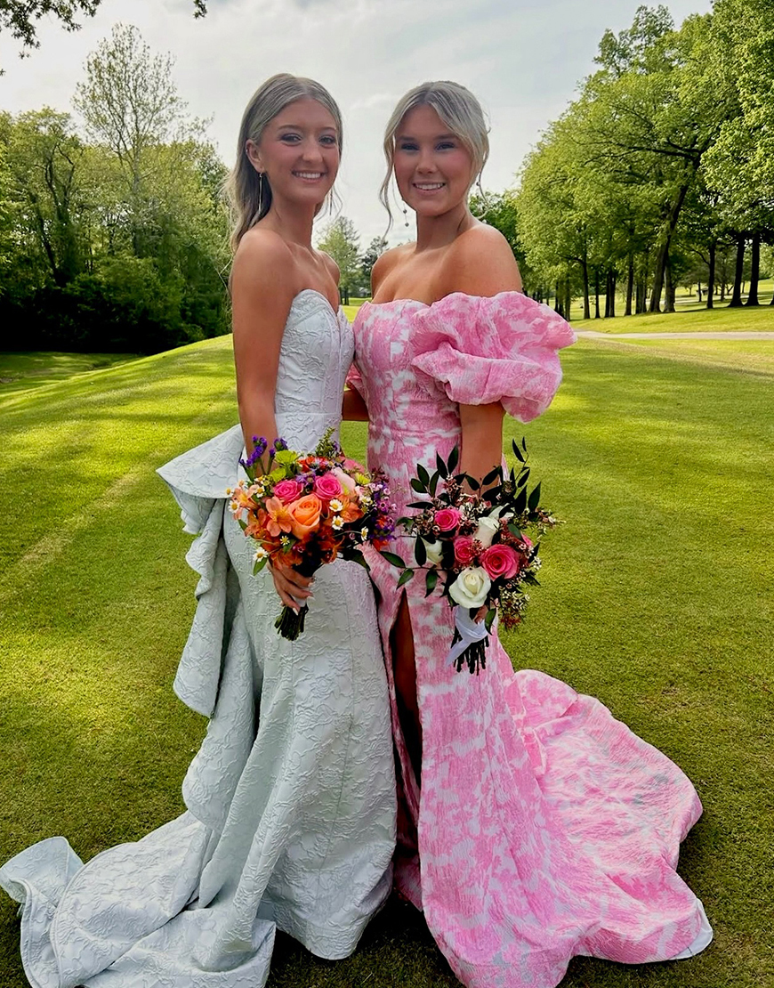 Pink Flower Puff Sleeves Mermaid Long Prom Dress with Slit