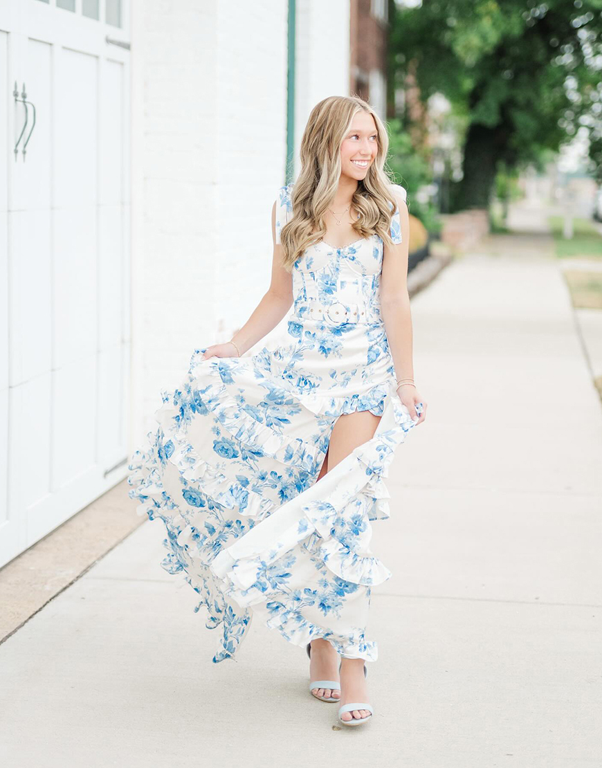 Floral White Blue Corset Mermaid Ruffled Long Prom Dress with Belt