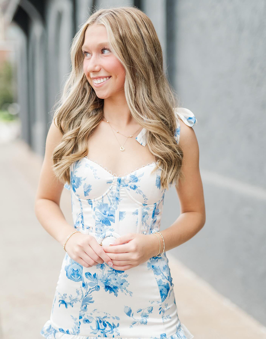 Floral White Blue Corset Mermaid Ruffled Long Prom Dress with Belt