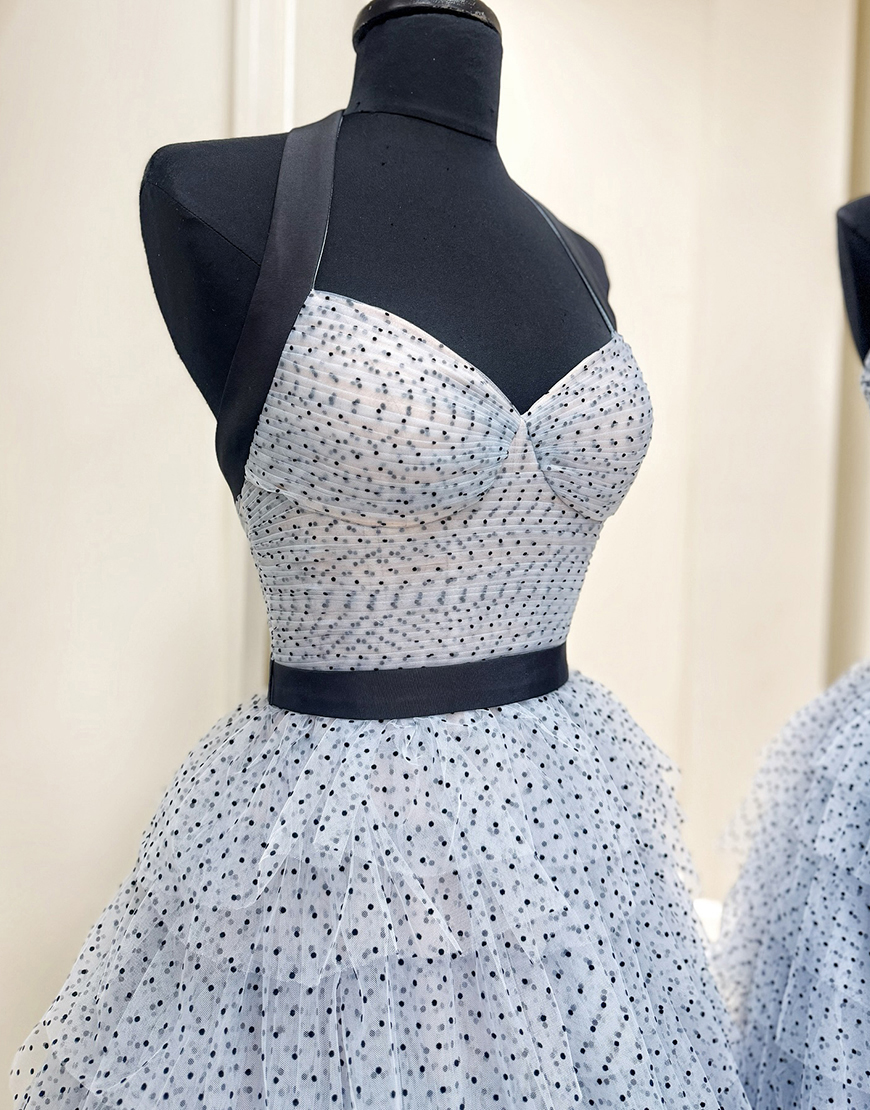 Blue Ruffled Tiered Polka Dots Halter Long Prom Dress with Slit